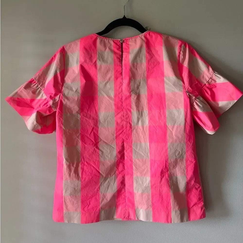 J. Crew Ruffle-Sleeve Neon Buffalo Check Top Size 0